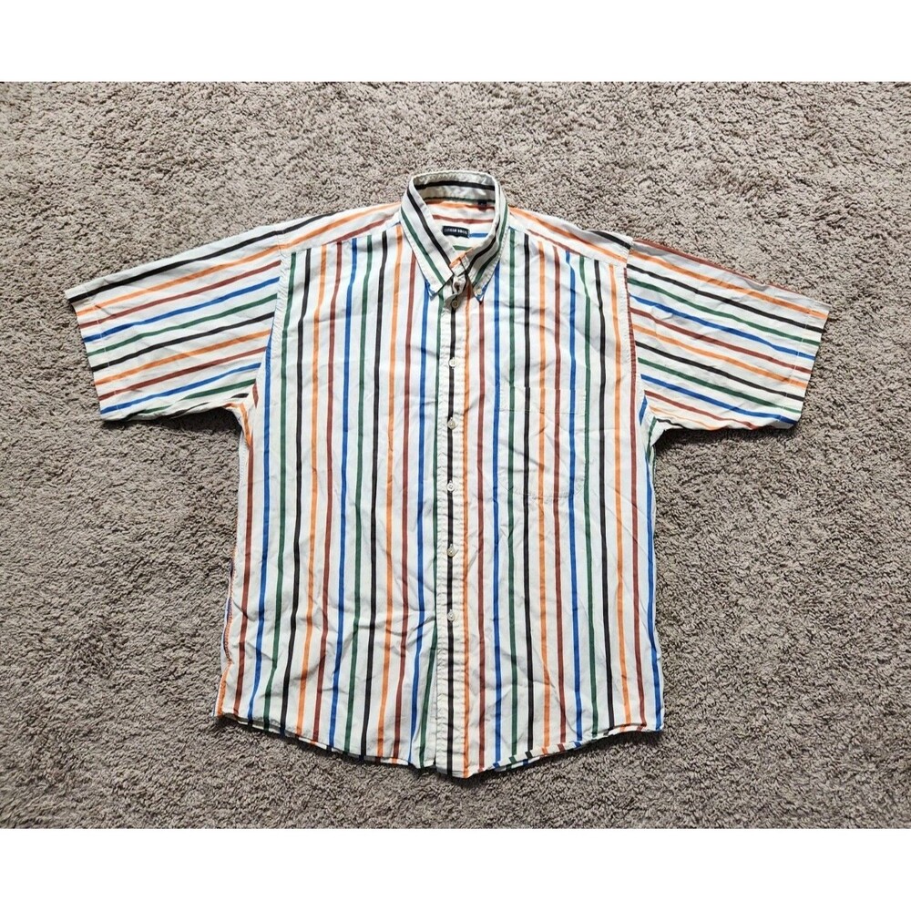Vtg Gitman Bros Mens L Rainbow Rasta Stripe Short Sleeve Oxford Made in USA